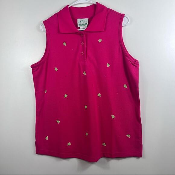 The Quacker Factory New Pink Green Turtle Print Collared Sleeveless Polo Top L - Picture 8 of 10